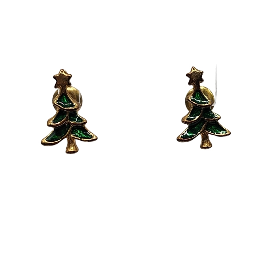 Christmas Tree Earrings Green & Gold Pierced